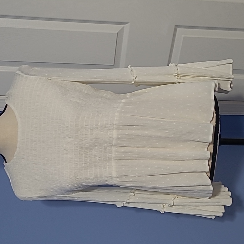 American Eagle White Medium Bell Sleeve Swiss Dot Blouse with Key Hole Back